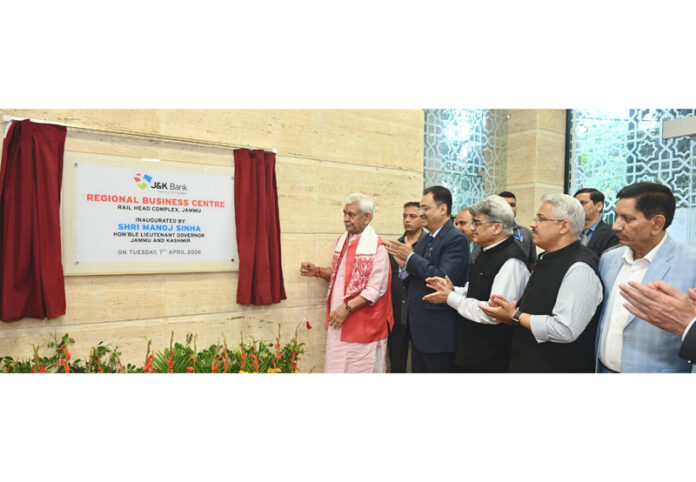 Lieutenant Governor Manoj Sinha inaugurating JK Bank’s Regional Business Centre at Jammu on Tuesday.