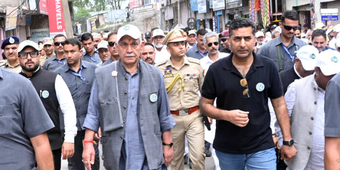LG Manoj Sinha leading padyatra in Rajouri on Saturday.