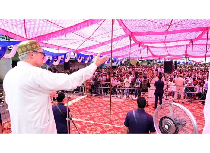 CM Omar Abdullah addressing a rally in Nowshera on Monday.