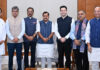 Rajya Sabha MPs Raghav Chadha, Sandeep Pathak and Ashok Mittal meet BJP National President Nitin Nabin at BJP Headquarters in New Delhi on Friday. (UNI)
