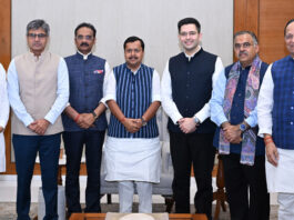 Rajya Sabha MPs Raghav Chadha, Sandeep Pathak and Ashok Mittal meet BJP National President Nitin Nabin at BJP Headquarters in New Delhi on Friday. (UNI)