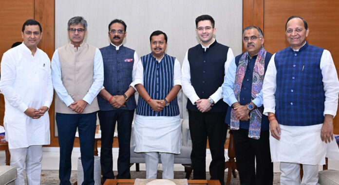 Rajya Sabha MPs Raghav Chadha, Sandeep Pathak and Ashok Mittal meet BJP National President Nitin Nabin at BJP Headquarters in New Delhi on Friday. (UNI)