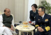 Defence Minister Rajnath Singh with his Chinese counterpart, Admiral Dong Jun at Bishkek on Tuesday.