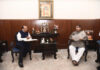 LG Ladakh Vinai Kumar Saxena in a meeting with Union Minister Nitin Gadkari in New Delhi on Tuesday.
