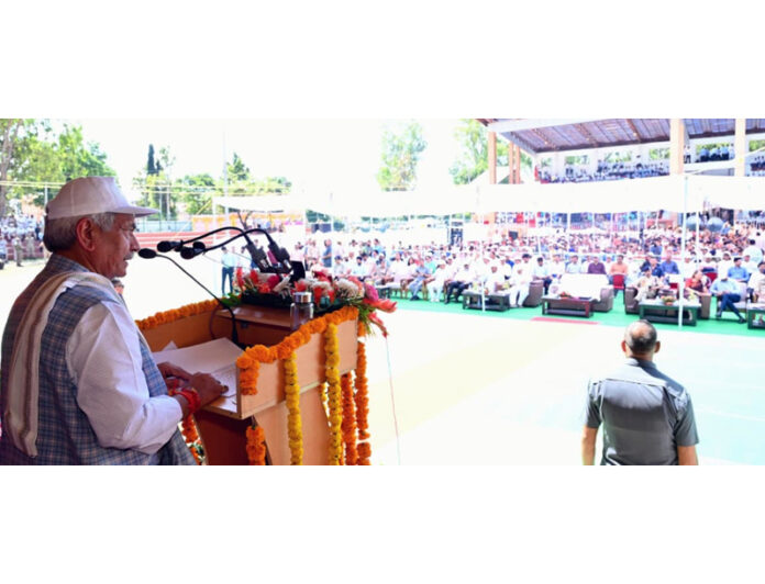 LG Manoj Sinha addressing a rally at Reasi on Friday.