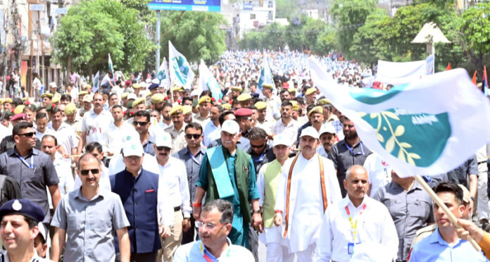LG Manoj Sinha leading padyatra against drug menace in Udhampur on Monday.