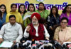 Union Minister Hardeep Singh Puri along with BJP president Sat Sharma and Rajya Sabha MP Rekha Sharma addressing a press conference at Party office in Jammu on Sunday. (UNI )