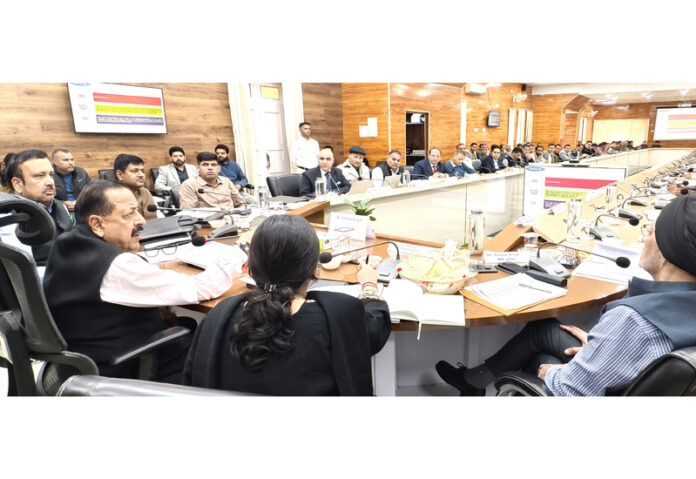 Union Minister Dr Jitendra Singh addressing DISHA meeting at Kishtwar on Tuesday.