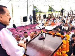 Union Minister Dr jitendra Singh addressing a function at GMC Kathua on Saturday.