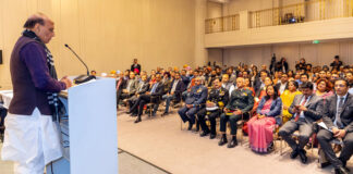Defence Minister Rajnath Singh with members of Indian community in Berlin, Germany. (UNI)