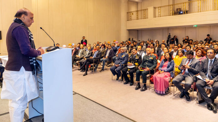 Defence Minister Rajnath Singh with members of Indian community in Berlin, Germany. (UNI)