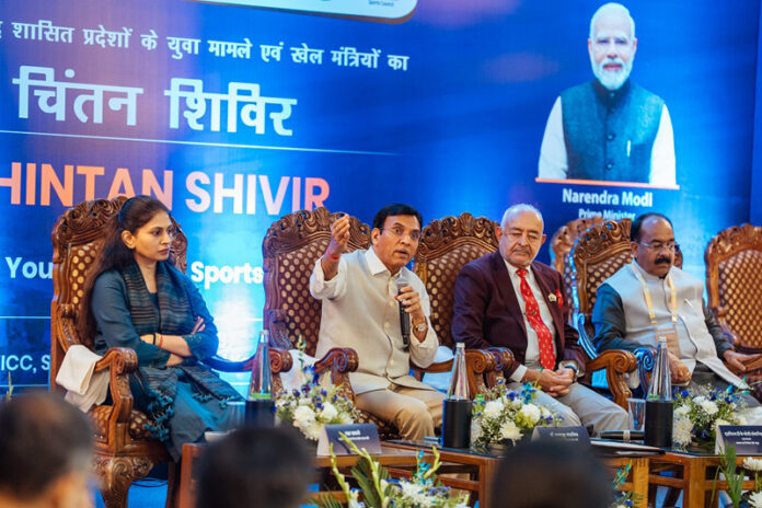 Union Youth Affairs & Sports Minister Dr Mansukh Madaviya addressing a function in Srinagar on Saturday.