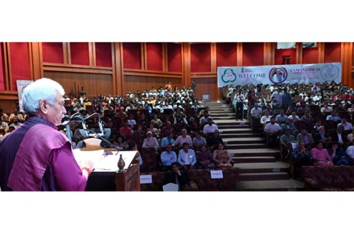 LG Manoj Sinha addressing ‘Naman Diwas’ function in Jammu on Sunday.