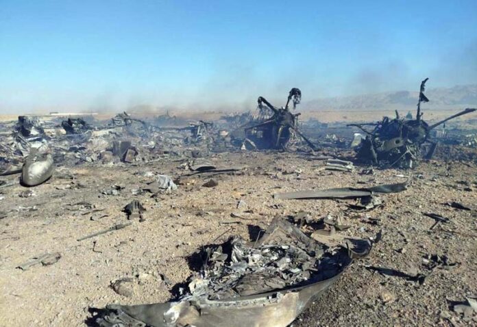 Wreckage of what Iran claimed was the site of a downed American transport plane and two helicopters involved in a rescue operation, in Isfahan province, Iran.