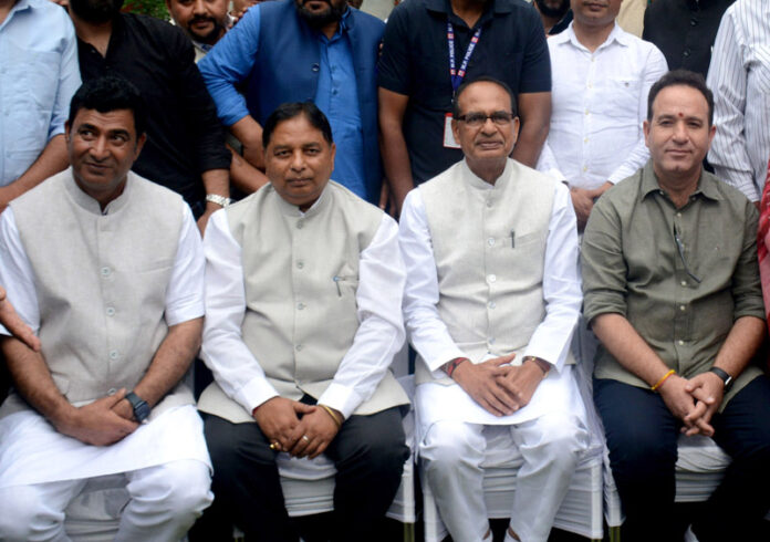 Union Minister Shivraj Singh Chouhan during a press conference in Srinagar on Monday. -Excelsior/Shakeel