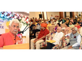 LG Manoj Sinha addressing a function organised by Radio Sharda at Jammu on Tuesday.