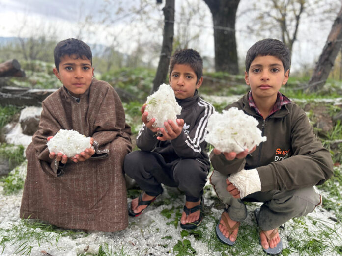 Children showing collected hail-balls in their hands in Shopian on Monday. -Excelsior/Younis Khaliq