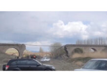 A railway bridge hit in a strike near Amin Abad, Iran on Tuesday.