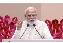 Prime Minister Narendra Modi addresses the ‘Nari Shakti Vandan Sammelan’ at Vigyan Bhawan, in New Delhi on Monday. (UNI)