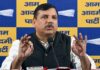 Senior AAP leader and Rajya Sabha MP Sanjay Singh addressing a press conference in New Delhi on Sunday. (UNI)