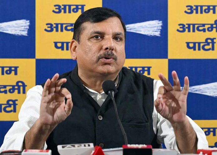 Senior AAP leader and Rajya Sabha MP Sanjay Singh addressing a press conference in New Delhi on Sunday. (UNI)