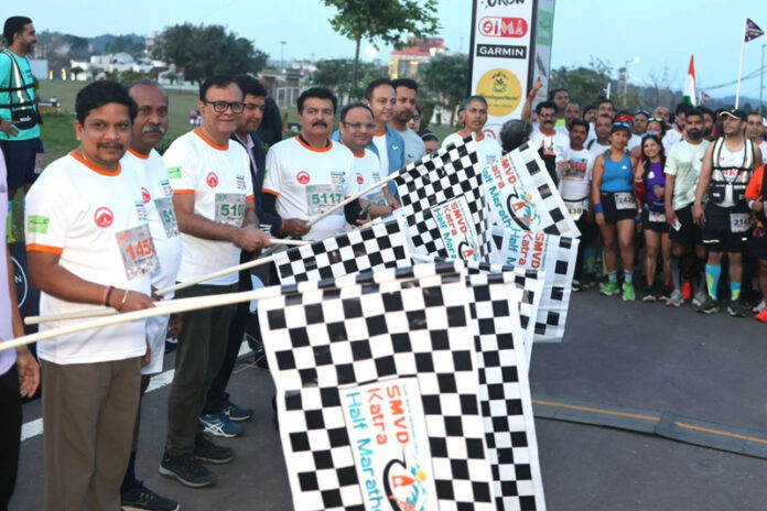 Dignitaries flagging off SMVD Katra Half Marathon on Sunday.