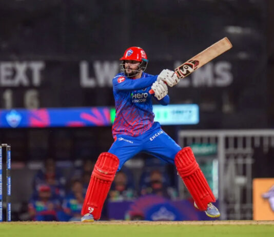 Sameer Rizvi hitting a shot during his unbeaten inning of 70 runs in 47 balls against LSG.