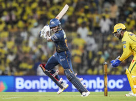 Sai Sudharsan playing a shot during match against Chennai Super Kings in Chennai on Sunday.