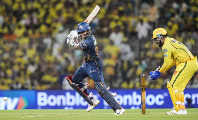 Sai Sudharsan playing a shot during match against Chennai Super Kings in Chennai on Sunday.