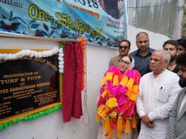 J&K Waqf Board Chairperson Dr Syed Darakhshan Andrabi and BJP general secretary (organization) Ashok Koul during inauguration of a sports stadium at Doda.