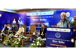 LG Manoj Sinha addressing the national 'Chintan Shivir' on sports in Srinagar on Saturday.