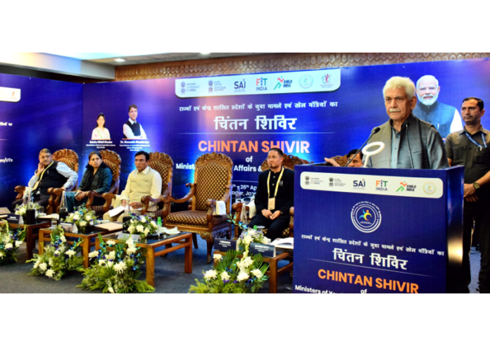 LG Manoj Sinha addressing the national 'Chintan Shivir' on sports in Srinagar on Saturday.