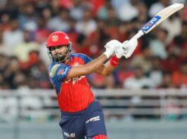 PBKS’ Shreyas Iyer hitting a shot during IPL match against SRH at New Chandigarh on Saturday.