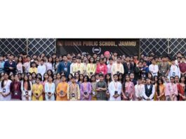 Students posing together during closing ceremony of GDMUN 2026 at GD Goenka Public School, Jammu.