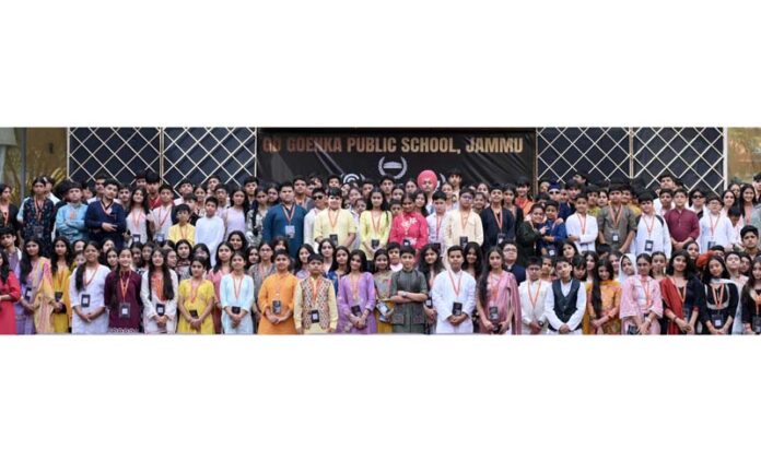 Students posing together during closing ceremony of GDMUN 2026 at GD Goenka Public School, Jammu.
