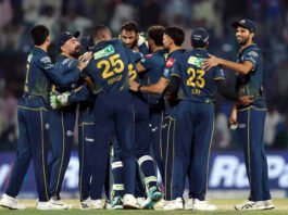 Gujrat Titans players celebrating after winning match against Delhi Capitals on Wednesday.