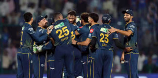 Gujrat Titans players celebrating after winning match against Delhi Capitals on Wednesday.