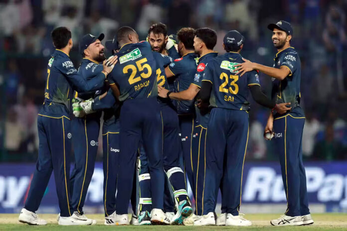 Gujrat Titans players celebrating after winning match against Delhi Capitals on Wednesday. Gujrat Titans players celebrating after winning match against Delhi Capitals on Wednesday.