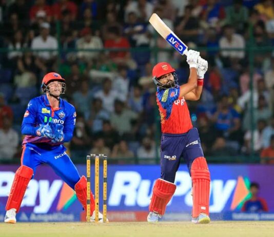 Punjab Kings’ Shreyas Iyer hitting a big shot during IPL match against DC at New Delhi on Saturday.