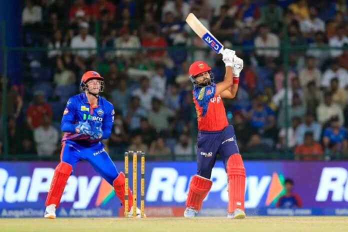 Punjab Kings’ Shreyas Iyer hitting a big shot during IPL match against DC at New Delhi on Saturday.