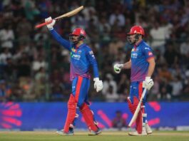 DC’s Sameer Rizvi celebrating his fifty in IPL match against MI at Arun Jaitley Stadium, New Delhi on Saturday.