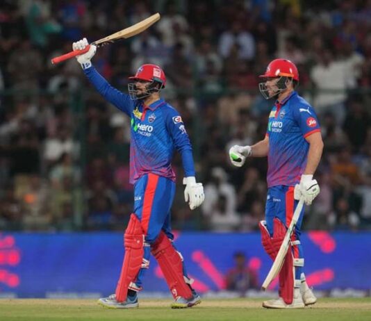 DC’s Sameer Rizvi celebrating his fifty in IPL match against MI at Arun Jaitley Stadium, New Delhi on Saturday.