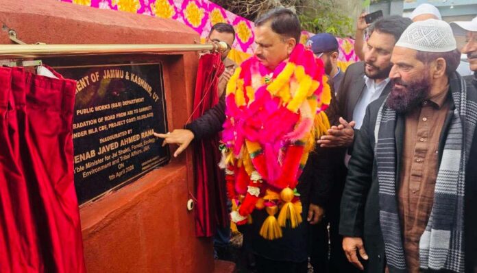 Minister Javed Ahmed Rana unveiling foundation stone of development projects in Mendhar on Thursday.