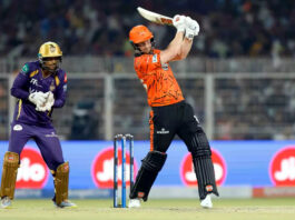 Heinrich Klaasen hitting a shot during his inning of 52 runs in 35 balls against KKR in Kolkata.