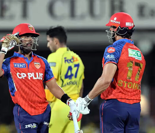 Punjab Kings players celebrating after defeating CSK in Chennai on Friday.
