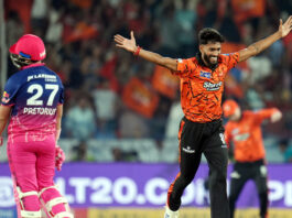 Praful Hinge celebrating after taking 4/34 in debut match against RR in Hyderabad on Monday.