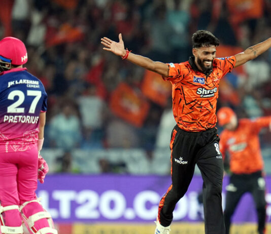 Praful Hinge celebrating after taking 4/34 in debut match against RR in Hyderabad on Monday.