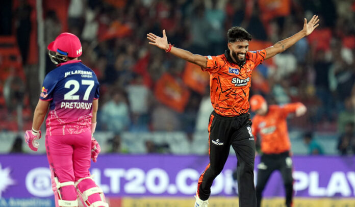 Praful Hinge celebrating after taking 4/34 in debut match against RR in Hyderabad on Monday.