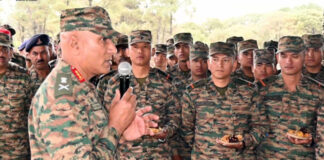 Northern Army Commander, Lt Gen Pratik Sharma, interacting with army personnel at Dah Division.