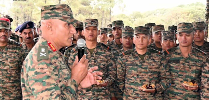 Northern Army Commander, Lt Gen Pratik Sharma, interacting with army personnel at Dah Division. Northern Army Commander, Lt Gen Pratik Sharma, interacting with army personnel at Dah Division.
